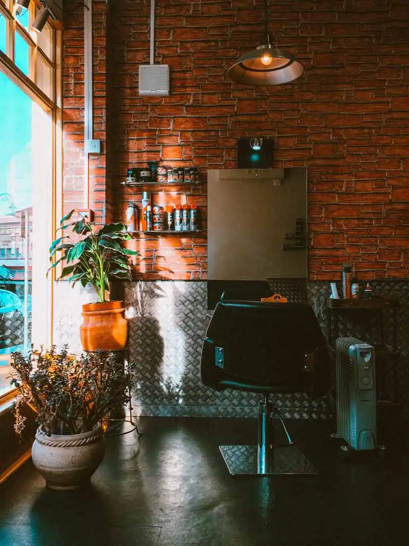 barber's workspace equipped with a chair, a shelf with creams, two flowerpots near the window